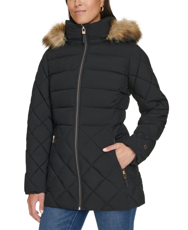 Women's Bibbed Faux-Fur-Trim Hooded Puffer Coat