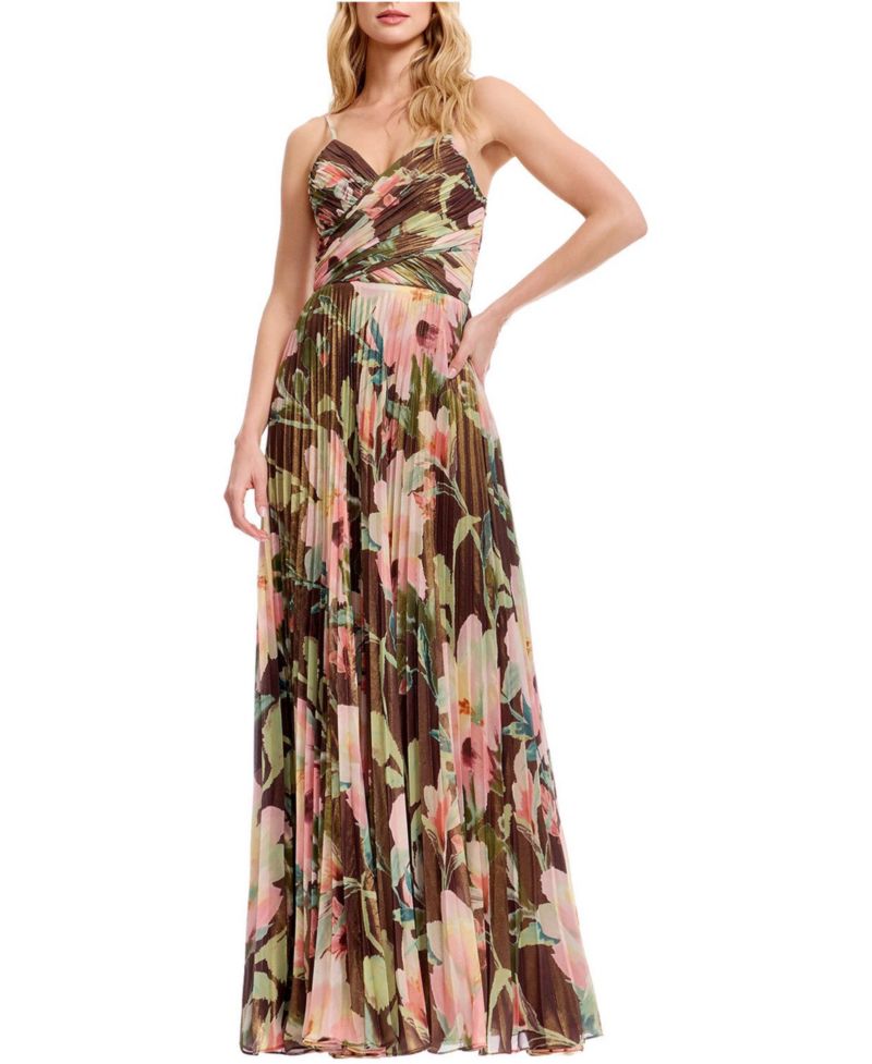 Women's Floral Pleated V-Neck Gown