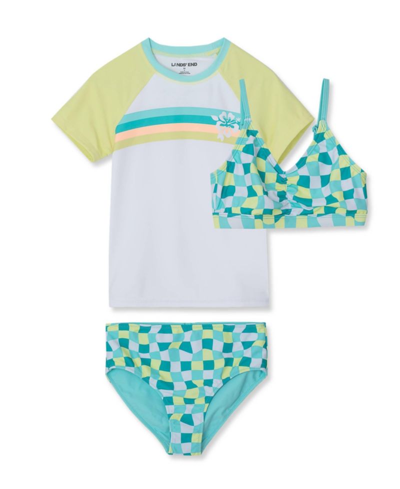 Girls Chlorine Resistant Short Sleeve Rash Guard 3 Piece Swimsuit Set