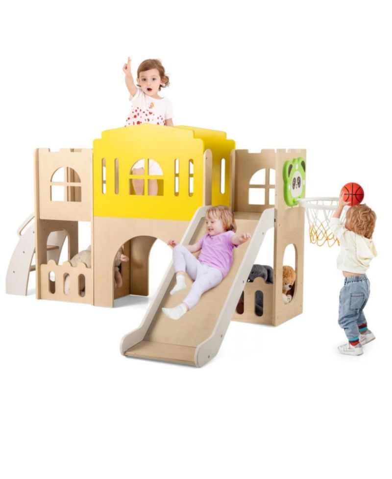 7-in-1 Wooden Slide and Climber Set with Basketball Hoop