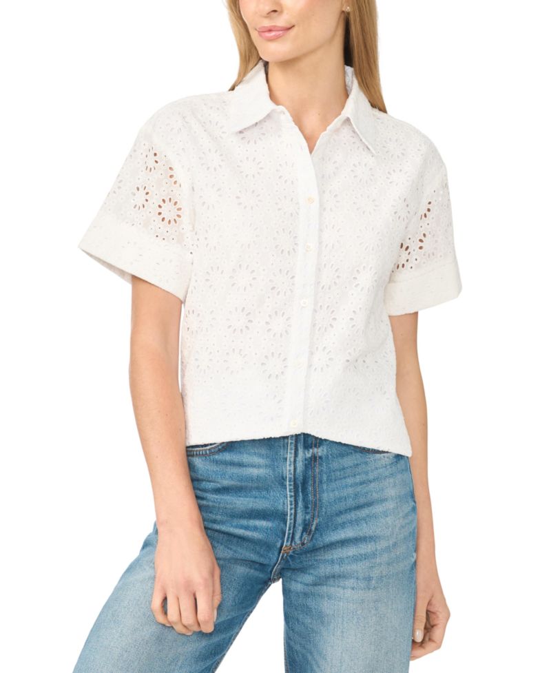Women's Eyelet Short-Sleeve Button-Down Blouse