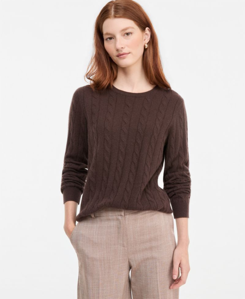 Petite Cable-Knit Crewneck 100% Cashmere Sweater