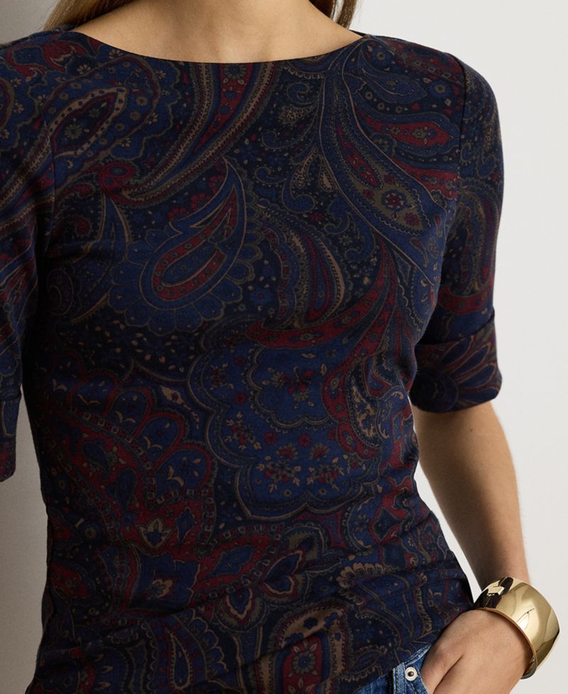 Petite Paisley Boat-Neck Stretch Cotton-Blend T-Shirt