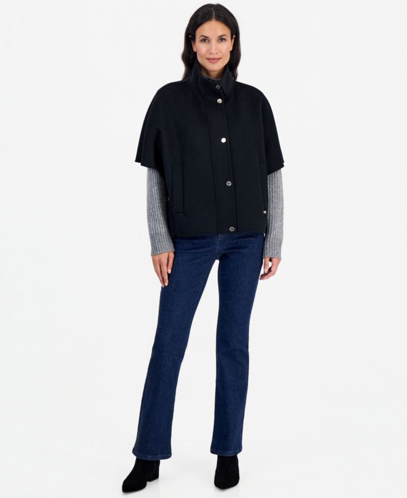 Women's Short Funnel-Neck Wool-Blend Cape Coat