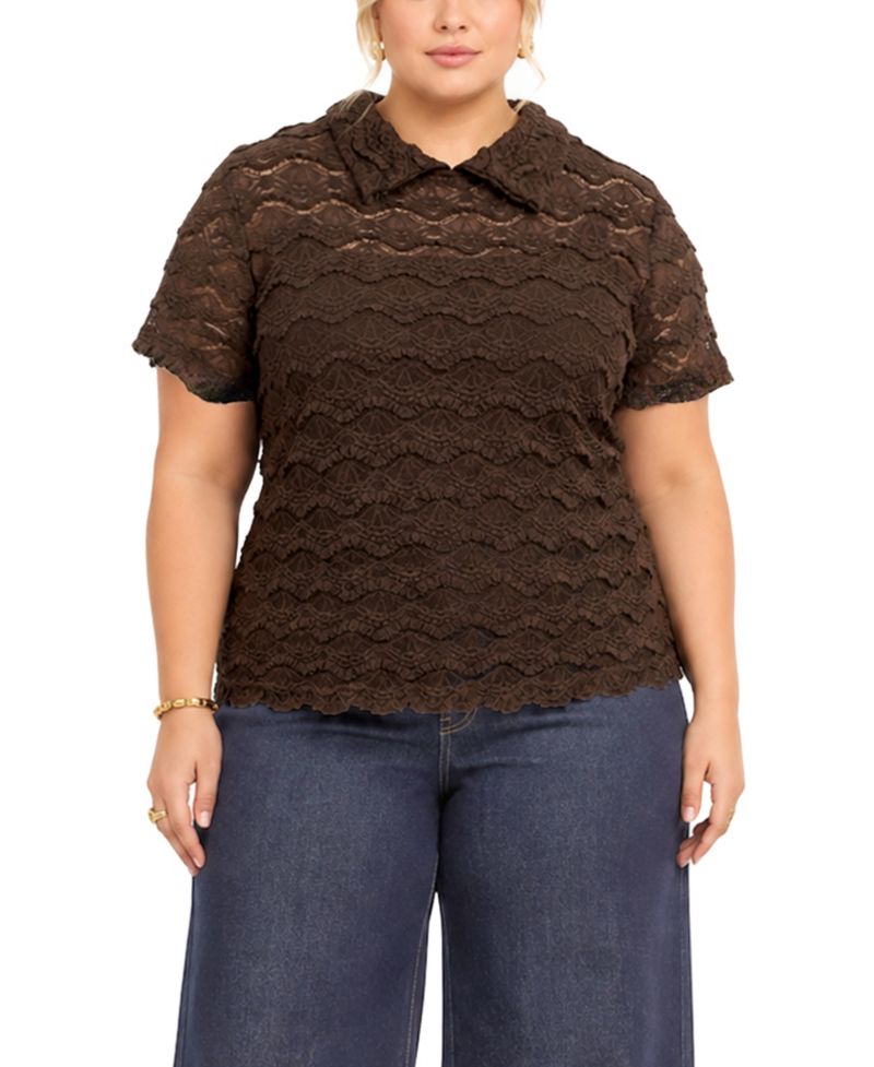Plus Size Scallop Edge Lace Short-Sleeve Top