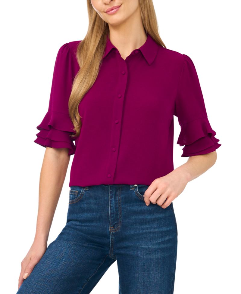 Women's Button-Front Ruffled 3/4-Sleeve Blouse