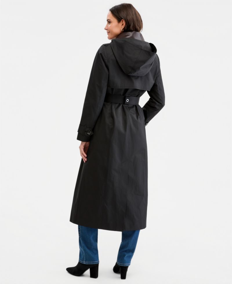 Women's Faux-Leather-Collar Maxi Trench Coat