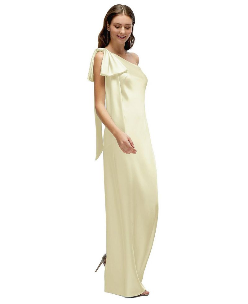 Women's One-Shoulder Bias-Cut Satin Maxi Dress with Cascading Shoulder Bow