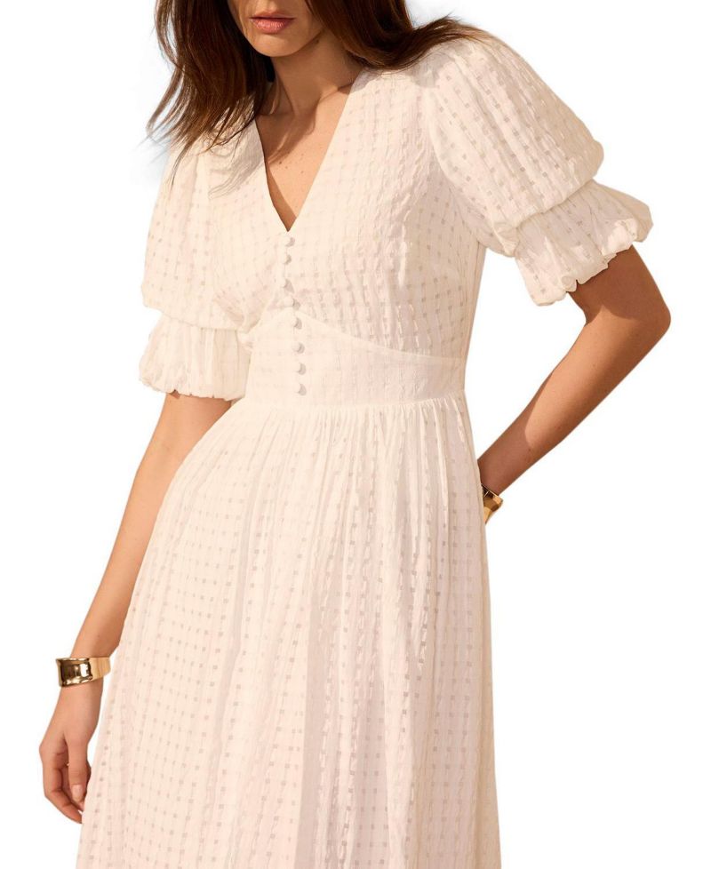 Women's Checked Puff-Sleeve V-Neck Midi Dress