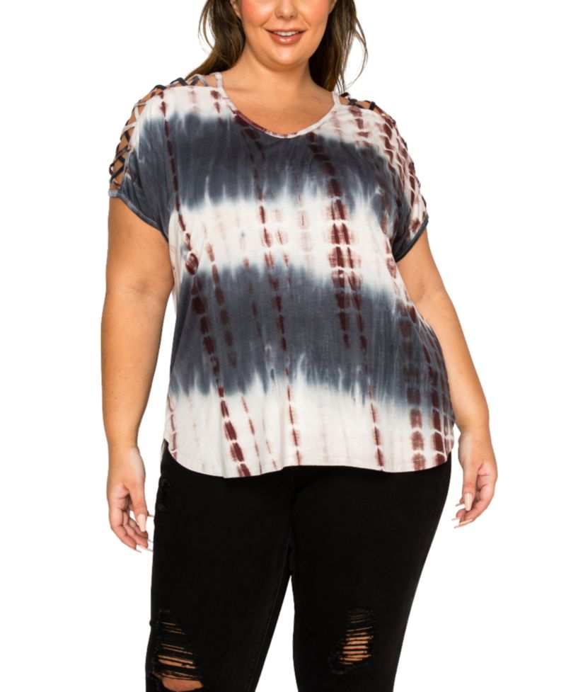 Plus Size Tie Dye Lattice Sleeve Dolman T-Shirt