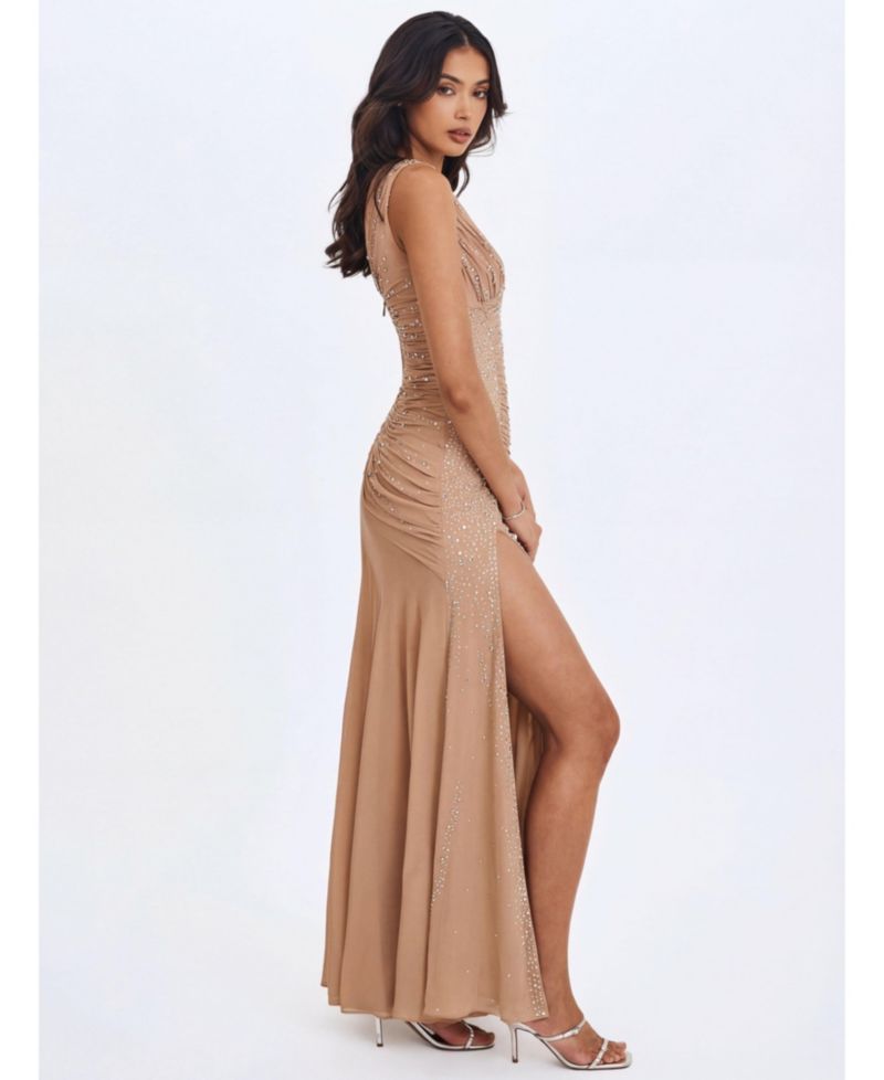 Women's Viveca Apricot Crystal-Embellished Asymmetrical Ruched Maxi Dress