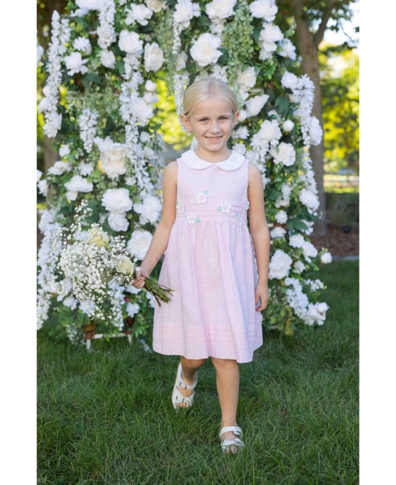 Little Girls Linen Look Dress With Flowers