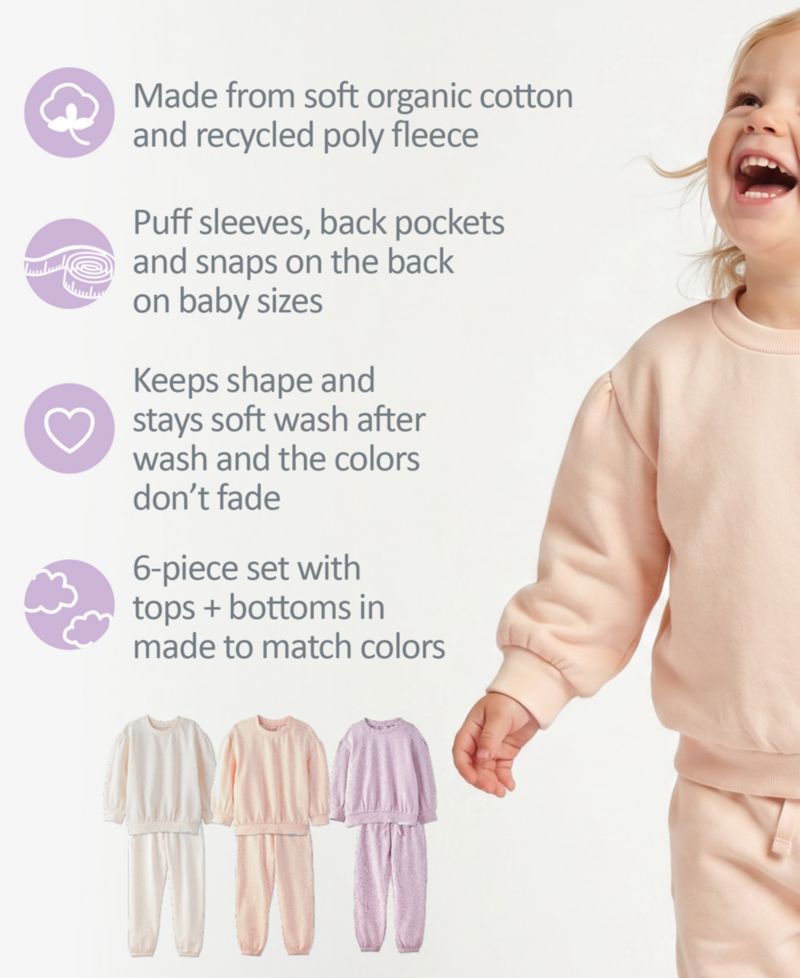Baby Girls' Long-Sleeve Solid Sweatshirt and Pants, 3-Pack