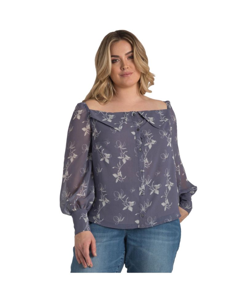 Plus Size Floral Print Long Sleeve Button Down Off-The-Shoulder Blouse