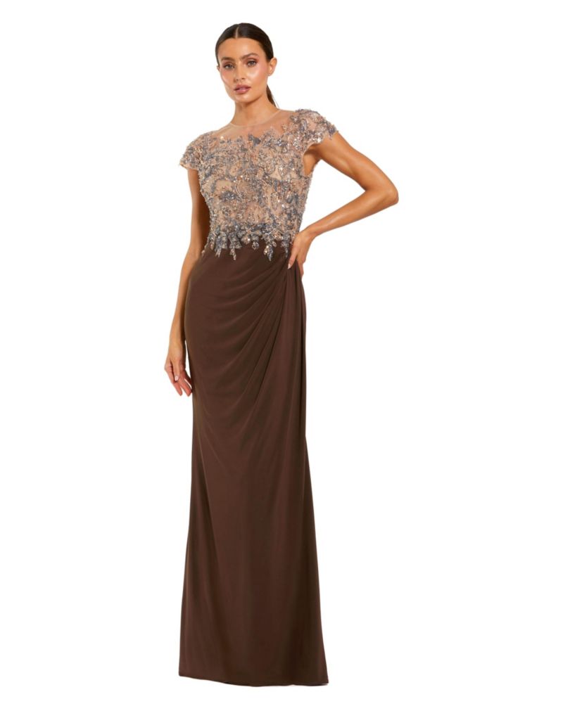Women's Crystal-Embellished Jersey Evening Gown with Sheer Bodice