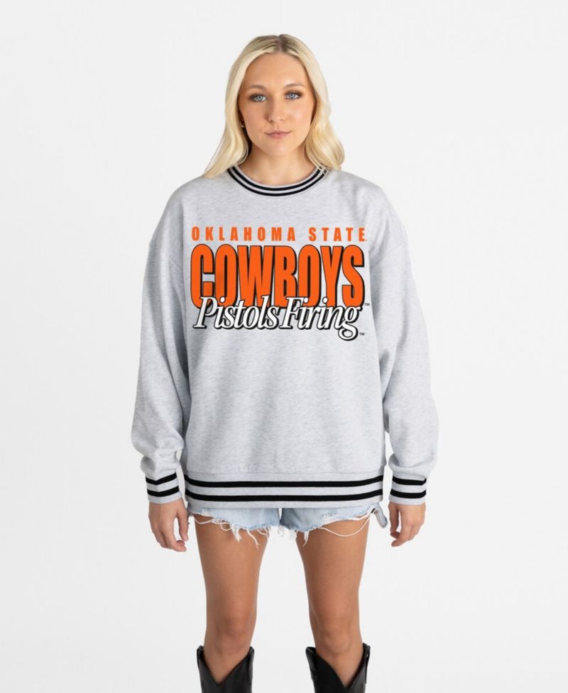 Women's Gray Oklahoma State Cowboys Oversized Showdown Ringer Stripe Sweatshirt