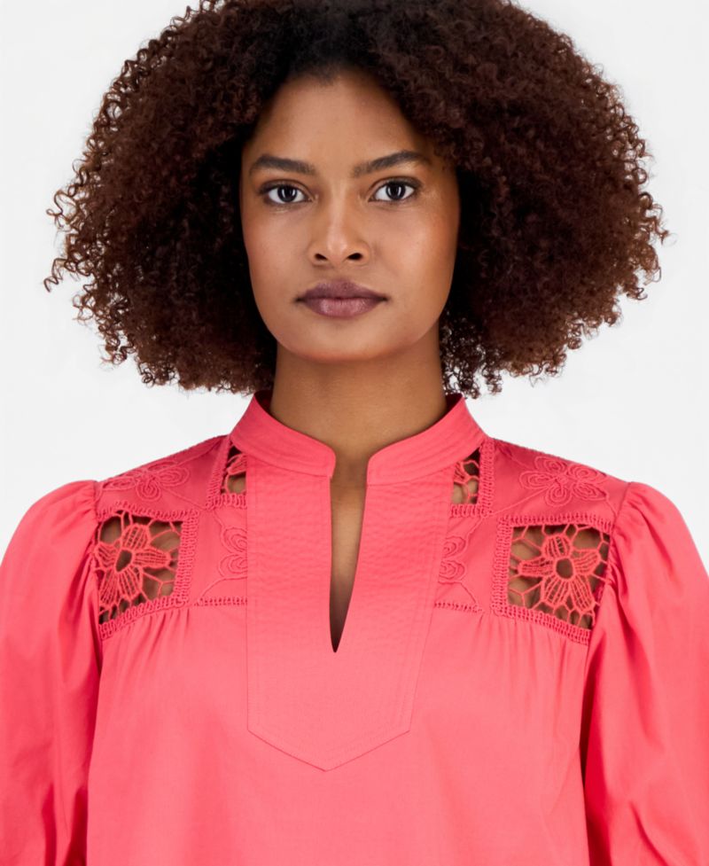 Women's Split-Neck Lace-Yoke Puff-Sleeve Top
