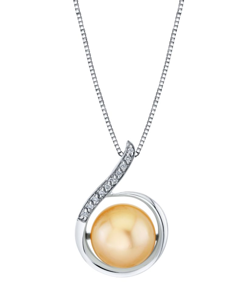 Cultured Golden South Sea Pearl (11mm) & Diamond Accent Pendant Necklace in Sterling Silver