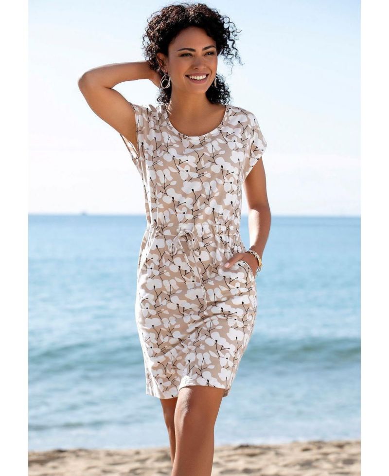 Women's Printed Drawstring Casual Scoop-Neck Short Dress