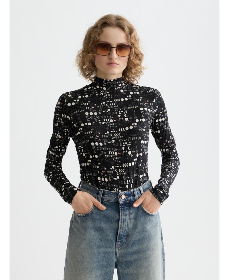 Women's All Over Printed Mock Neck Long Sleeve T-shirt