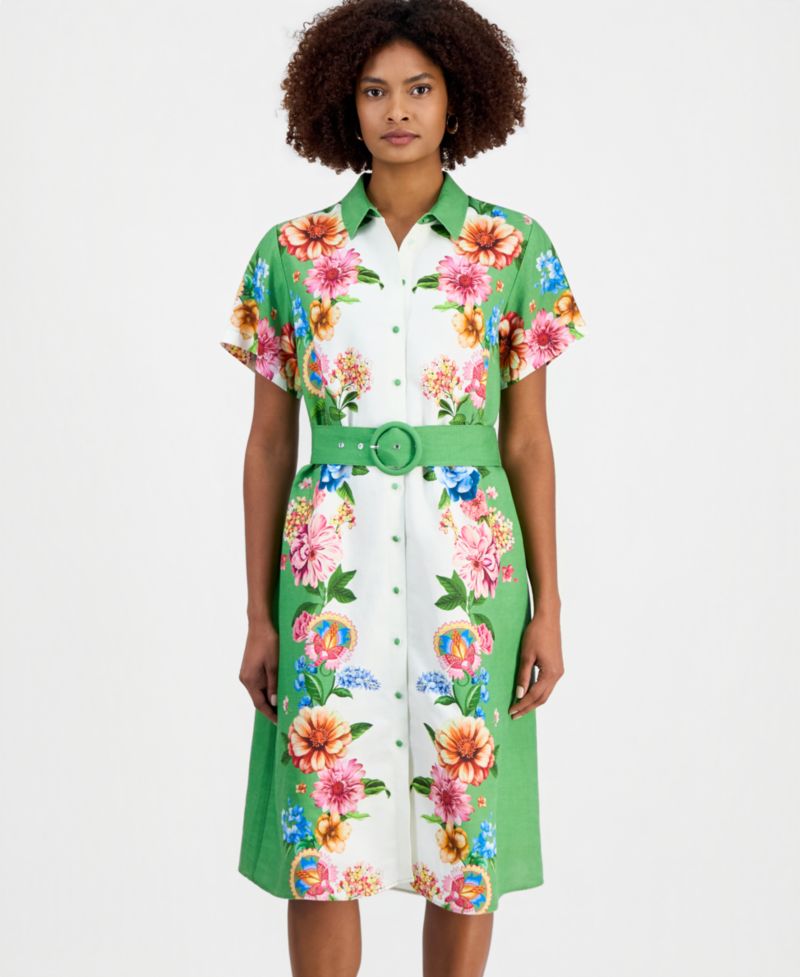 Women's Printed Belted Button-Front Midi Dress