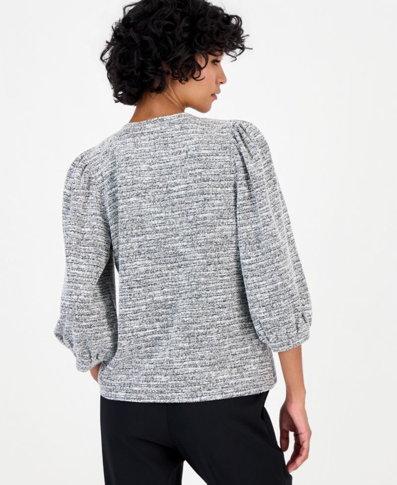 Petite 3/4-Balloon Sleeve Boucle-Knit Top
