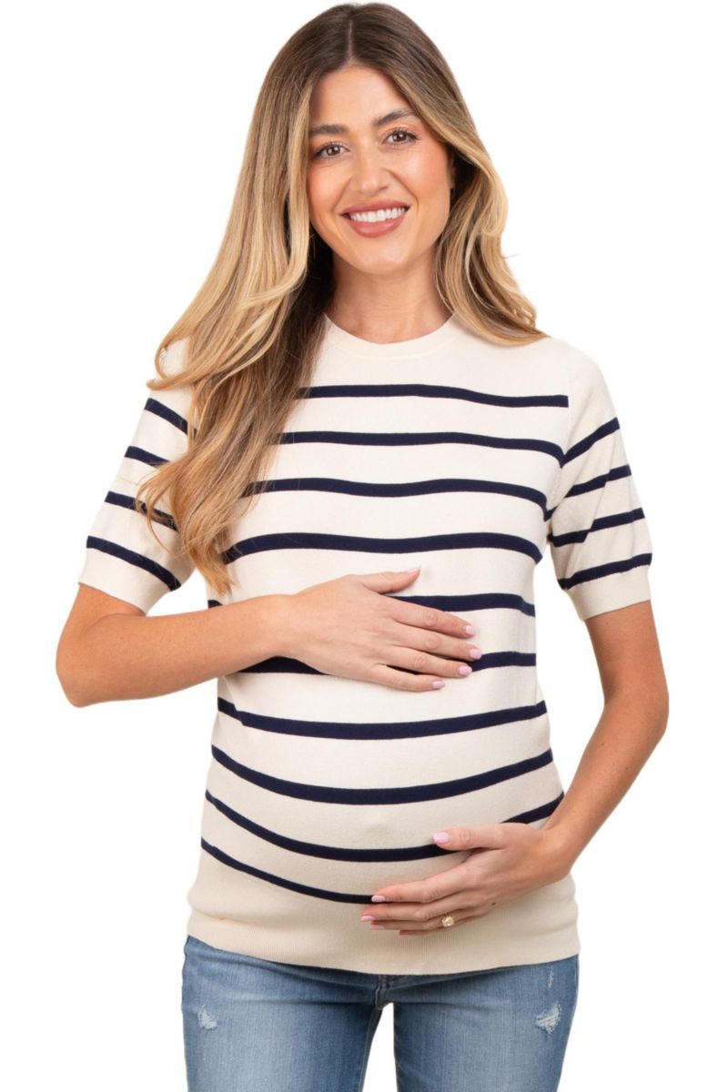 Women's Brown Striped Knit Short Sleeve Top