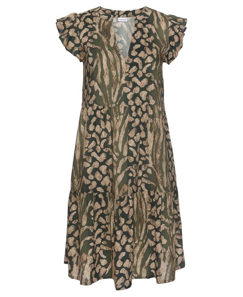 Women's Viscose Animal Print Tiered Ruffle-Trim Notch-Neck Short Dress