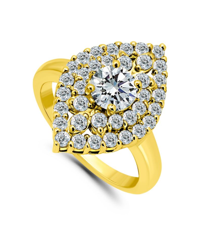 Cubic Zirconia 2 Row Kite Halo with Round Prong Center Stone Ring