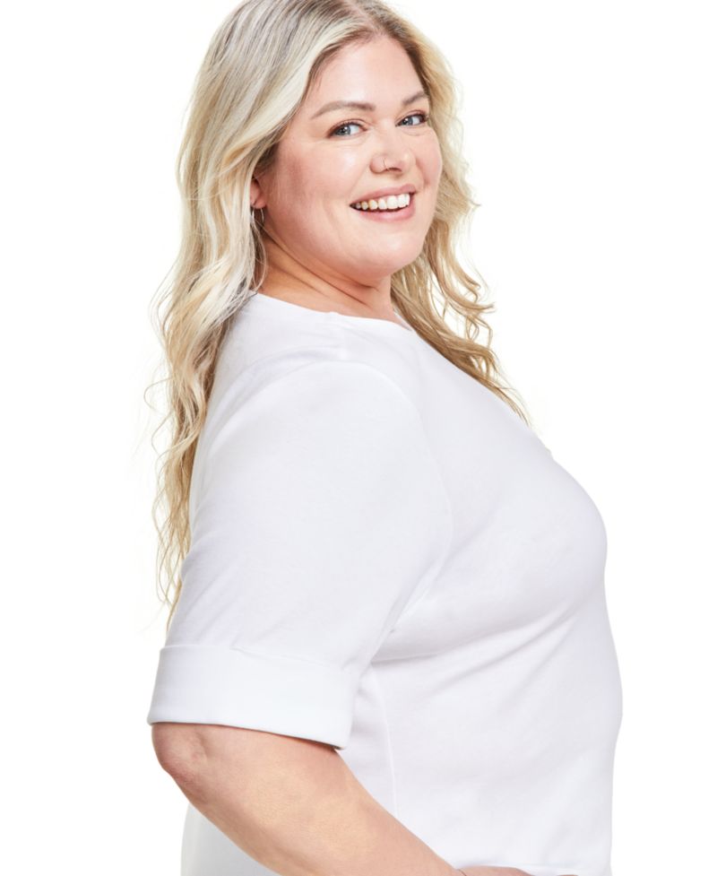 Plus Size Boat-Neck Elbow-Sleeve Top