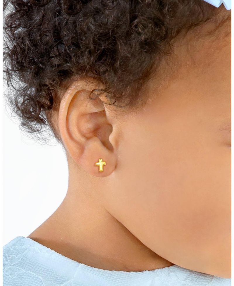 14K Gold Simple Cross Stud Screw Back Earrings