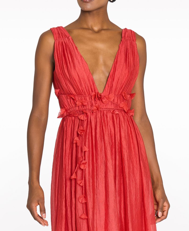 Women's V-Neck Long Gown with 3D Flower Details at Waist
