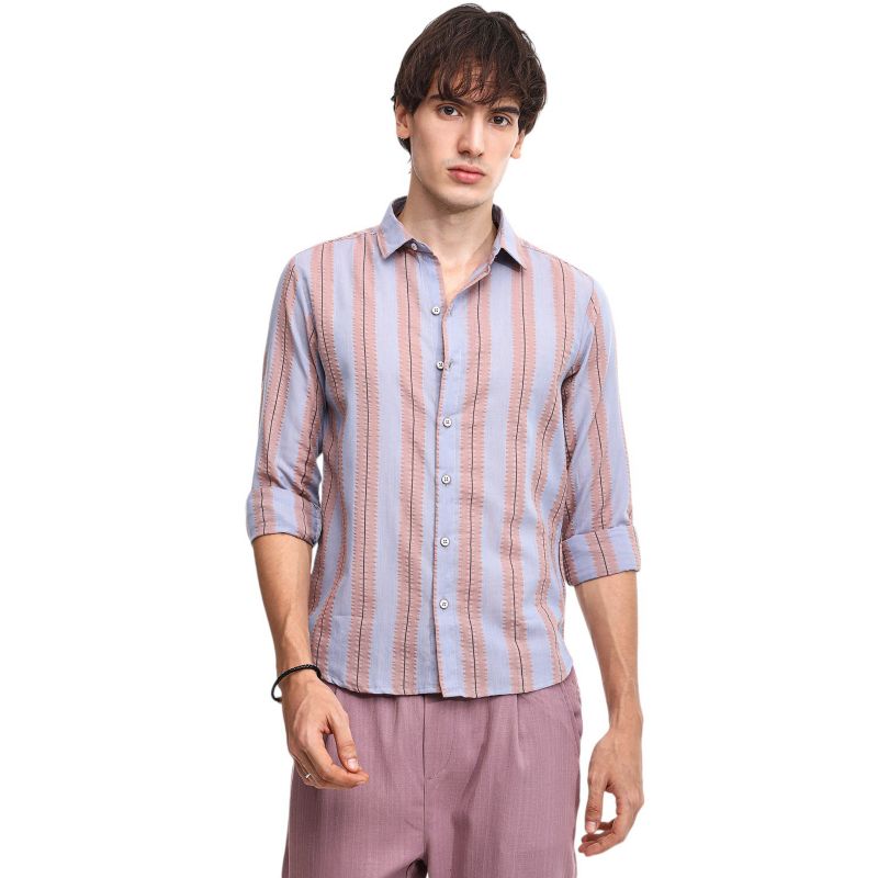 Men's Icy Blue & Nude Beige Striped Seersucker Shirt