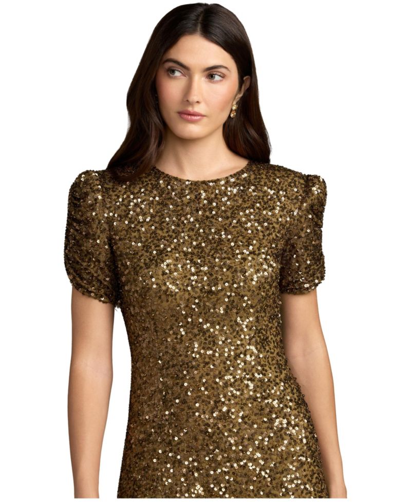 Women's High-Neck Puff-Sleeve Embellished Gown