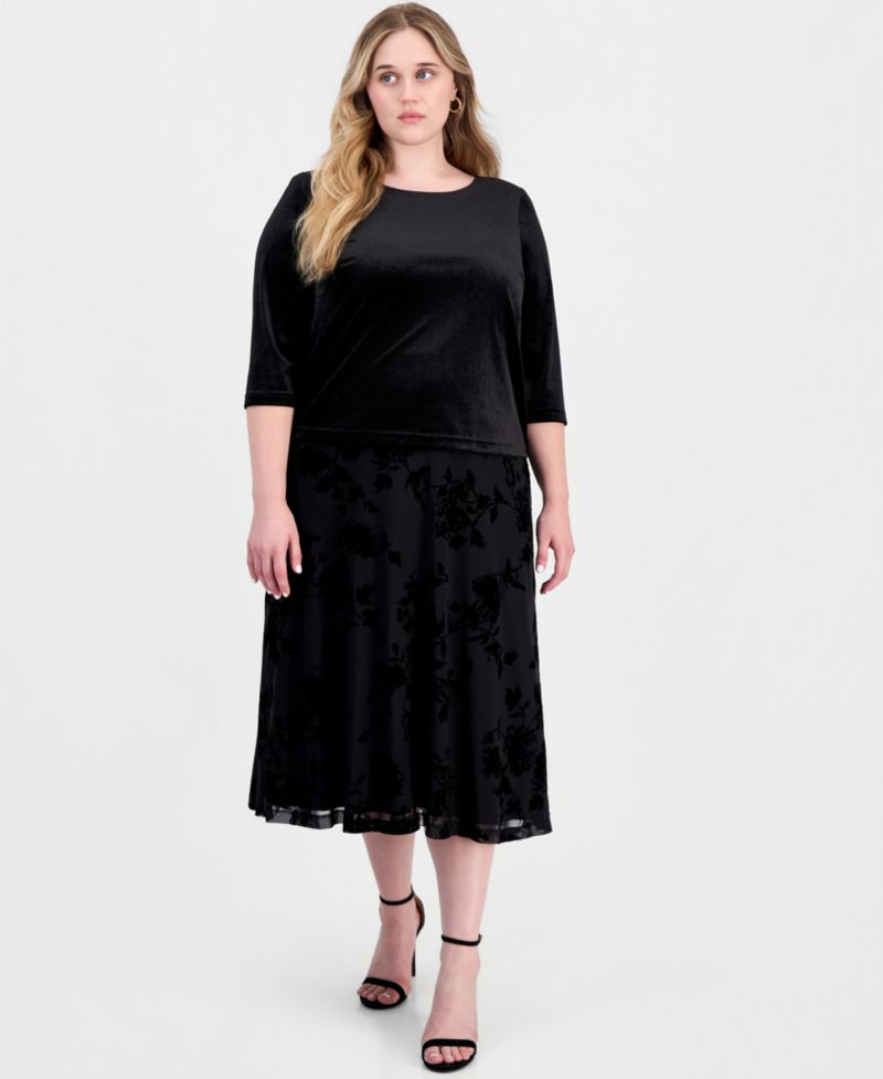 Plus Size A-Line Midi Knit Top and Velvet Skirt, 2-Piece Set