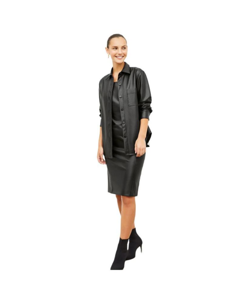 Women's Elbow Sleeves and Square Neckline Faux Leather Sheath Dress