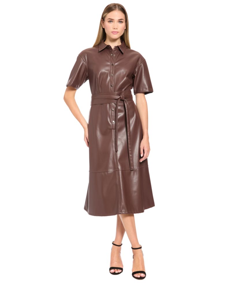 Women's Faux Leather Short-Sleeve Midi Dress