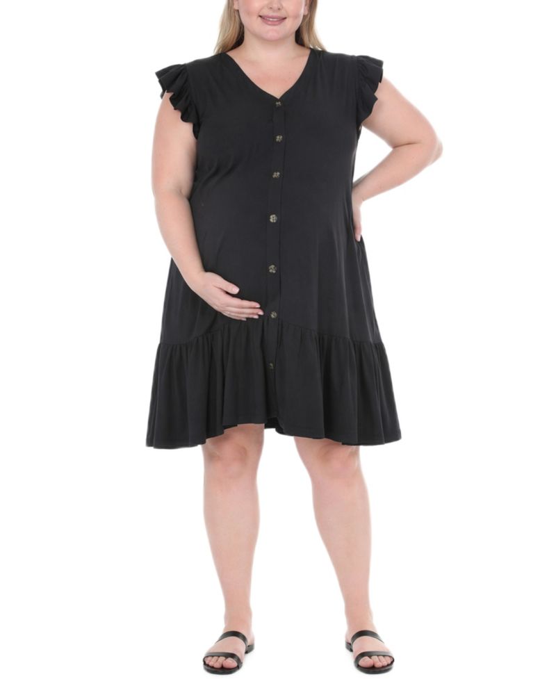 Plus Size Flutter-Sleeve Button-Front Tiered Maternity Dress