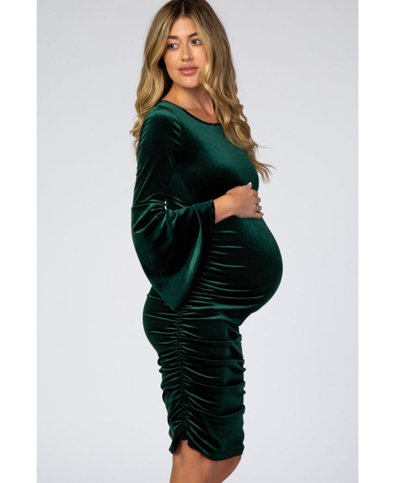 Women's Forest Green Velvet Ruched Bell Sleeve Dress