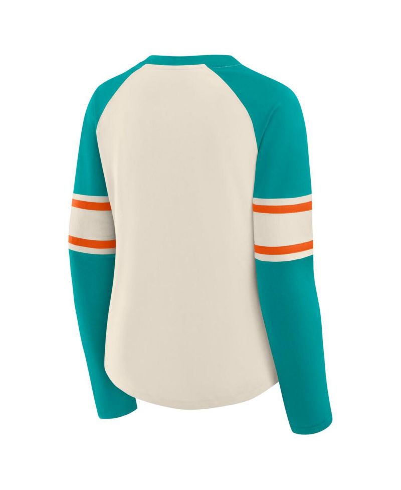Women's Cream/Aqua Miami Dolphins Hometown Gridiron Hero Raglan Lace-Up V-Neck Long Sleeve T-Shirt