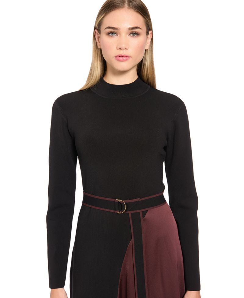 Women's Belted Mock Neck Colorblock Midi Dress