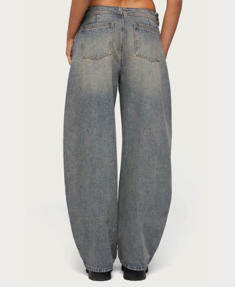 Women's Side Belt Low Rise Barrel Jeans