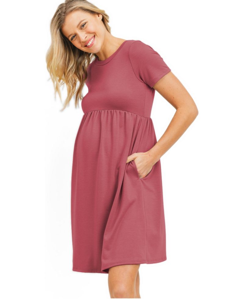 Women's Crew Neck Empire Waist Mini T-Shirt Dress with Pockets