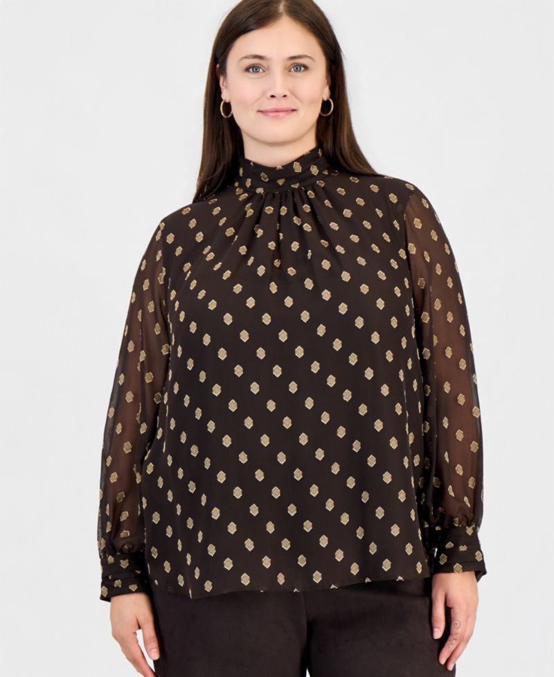 Plus Size Long-Sleeve Shirred-Collar Keyhole-Front Blouse