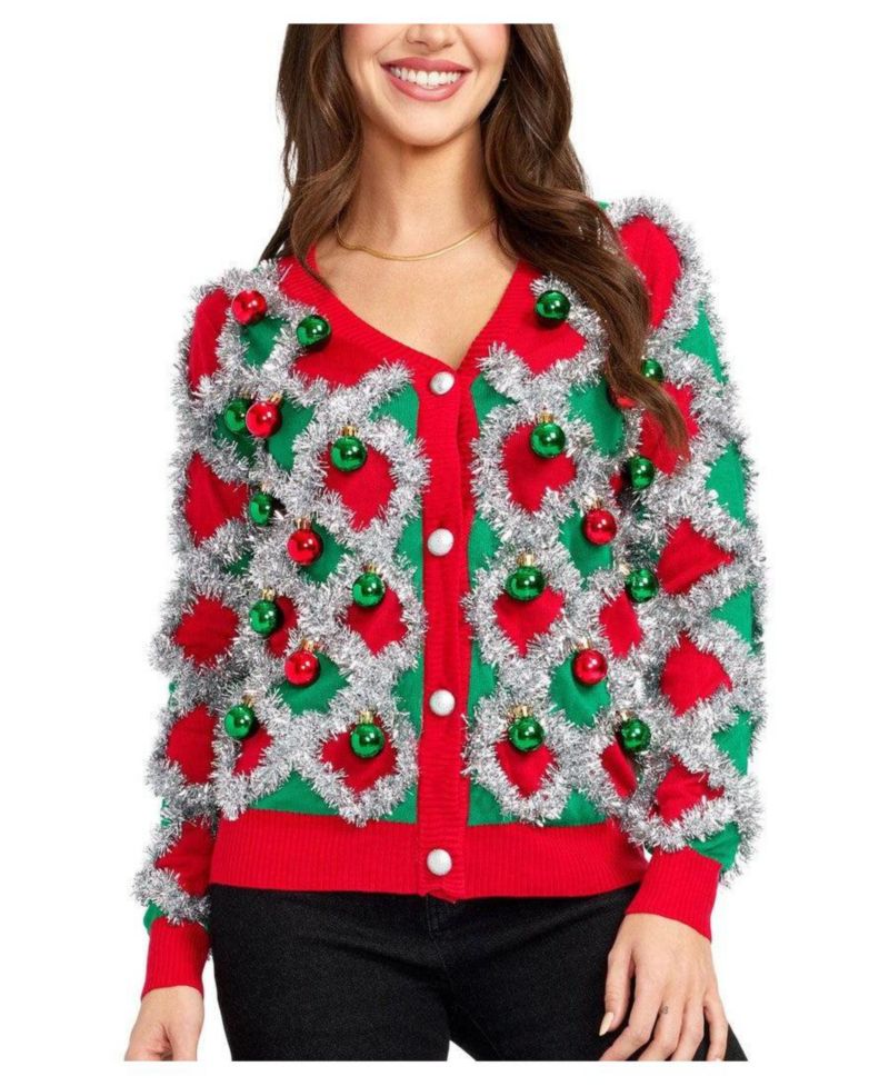 Women's Tacky Tinsel Holiday V-Neck Button-Front Cardigan