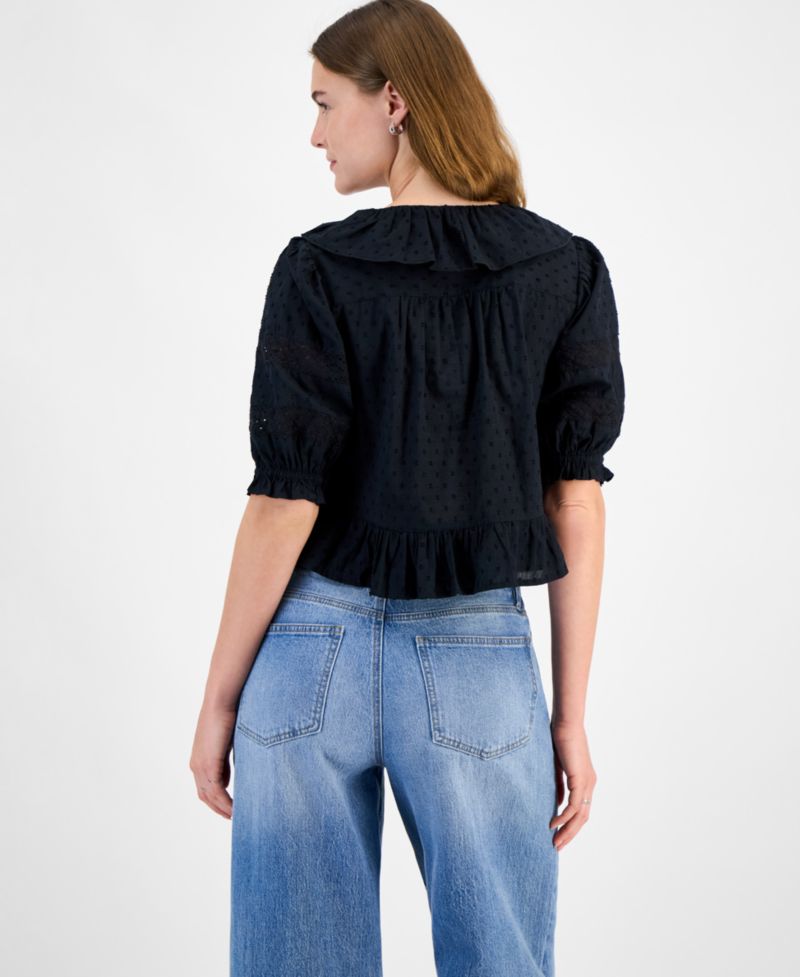 Petite Ruffled-Front Clip-Dot Cotton Top