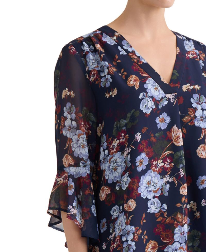 Petite V-Neck Printed-Flutter-Sleeve Top