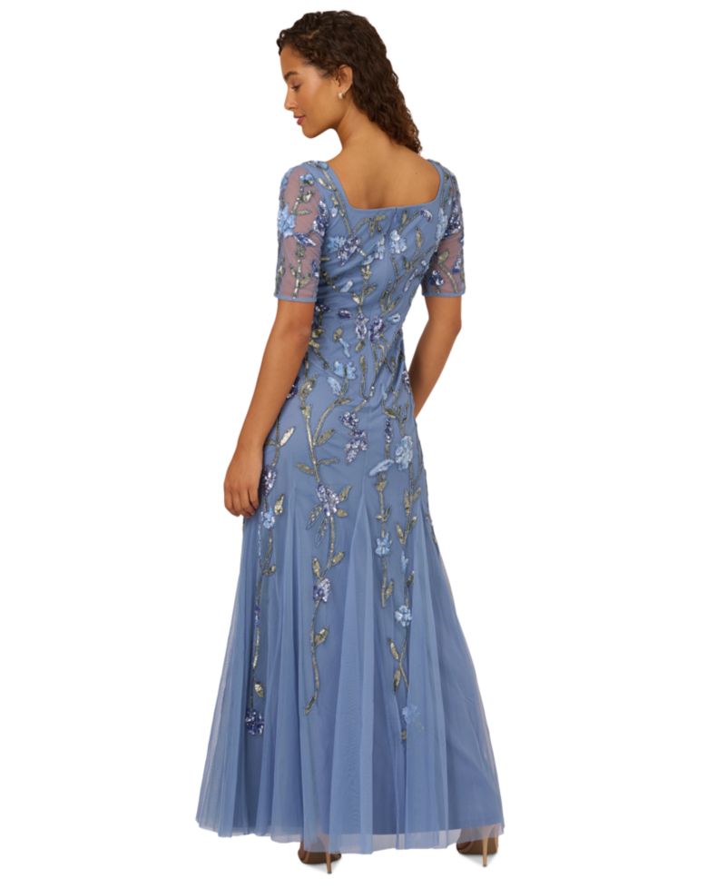 Women's Square-Neck Beaded Mesh Gown