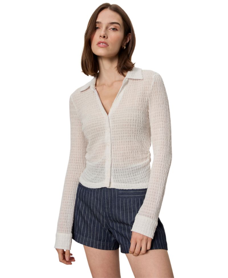 Petite Juno Textured Long-Sleeve Spread Collar Shirt