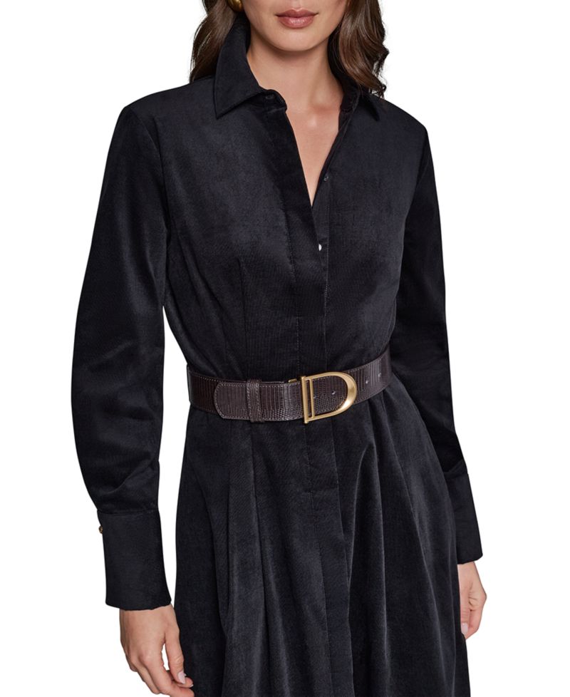 Women's Corduroy Long-Sleeve Belted Midi Shirtdress